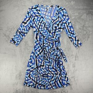 Diane von Furstenberg Silk Jersey Faux-Wrap Ruched Dress Sz 6 Blue Geometric